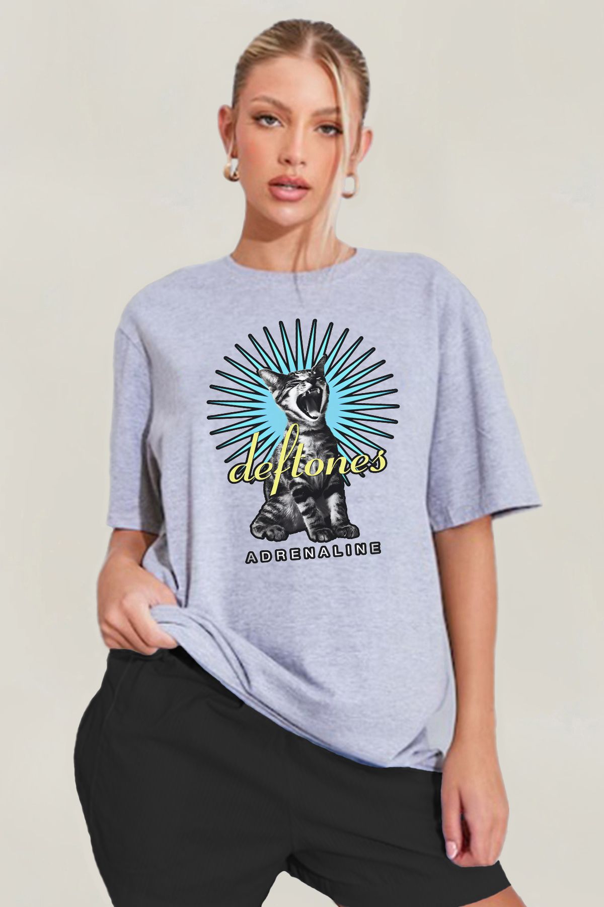 MODA Deftones Kedi Baskılı Oversize Kalıp Grimelanj Geniş Bol Kesim Kadın Tişört