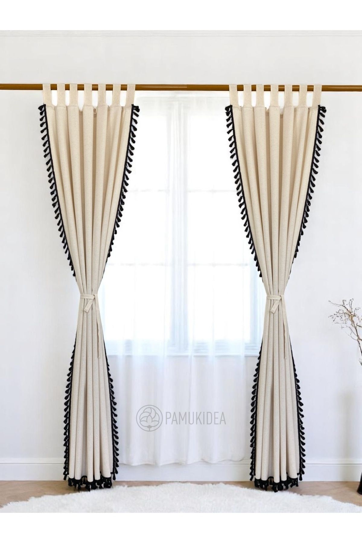 pamukidea-Biritli Black Pompom - Tasseled 100% Cotton Buldan Linen Rustic Curtain - Single Wing - (En X Size) 2