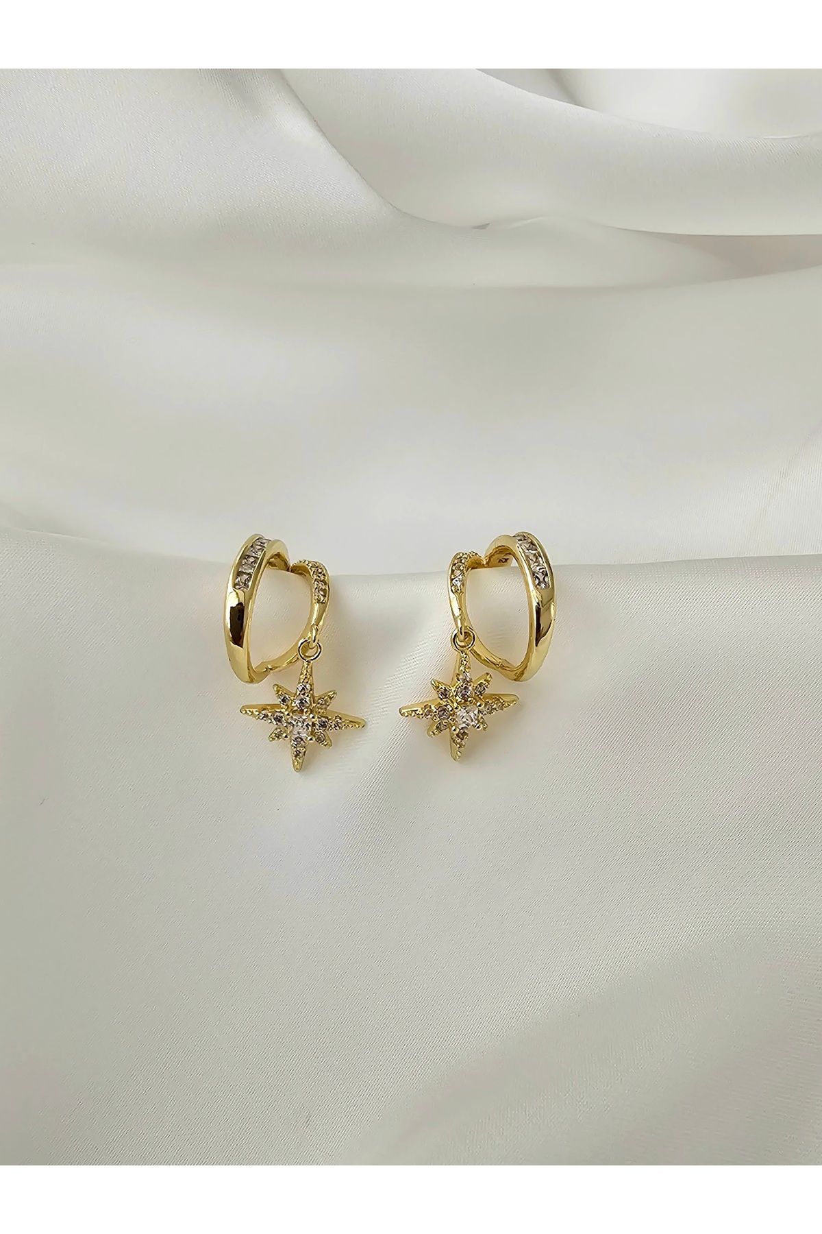 Zivazer Store Kadın kararmaz çelik 14 k gold renginde taşlı halka küpe
