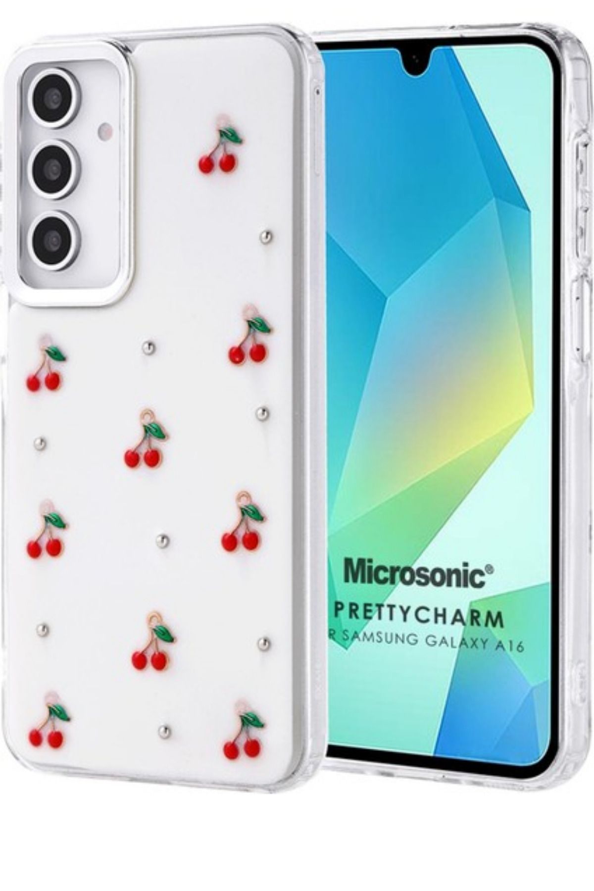 CPSTORE Samsung Galaxy S23FE Uyumlu Kılıf Kiraz Desenli Şeffaf Simli Gümüş Kamera Çıkıntılı Parlak Kapak