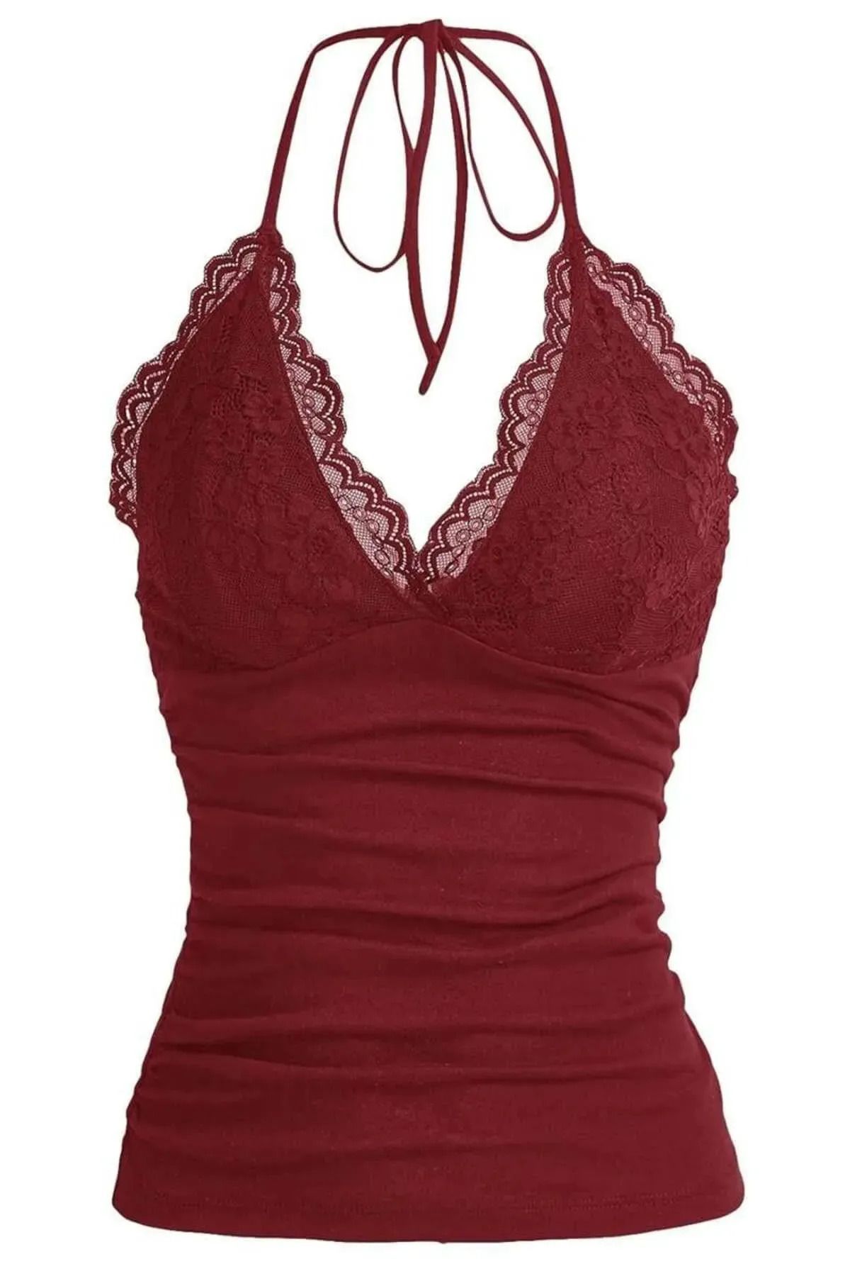 weywot Bordo Dantelli V Yaka Gothic Boyun Bağlamalı Full Body Crop