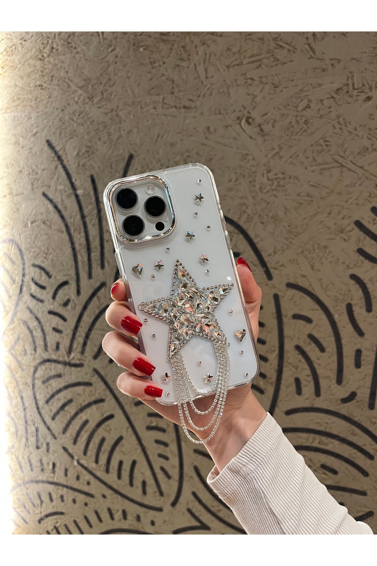 Mois Case İPhone 15 pro Max Kristal taşlı yıldızlı Püsküllü Şeffaf kılıf