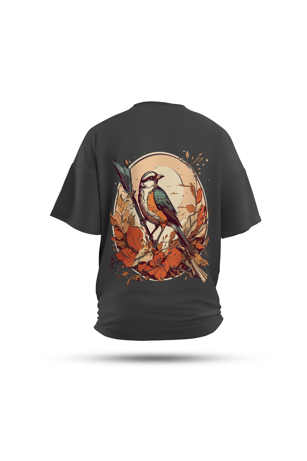 Zestia Unisex T-Shirt, Serçe Sırt Baskılı, Regular, %100 Pamuk, Antrasit T-Shirt No: 0032
