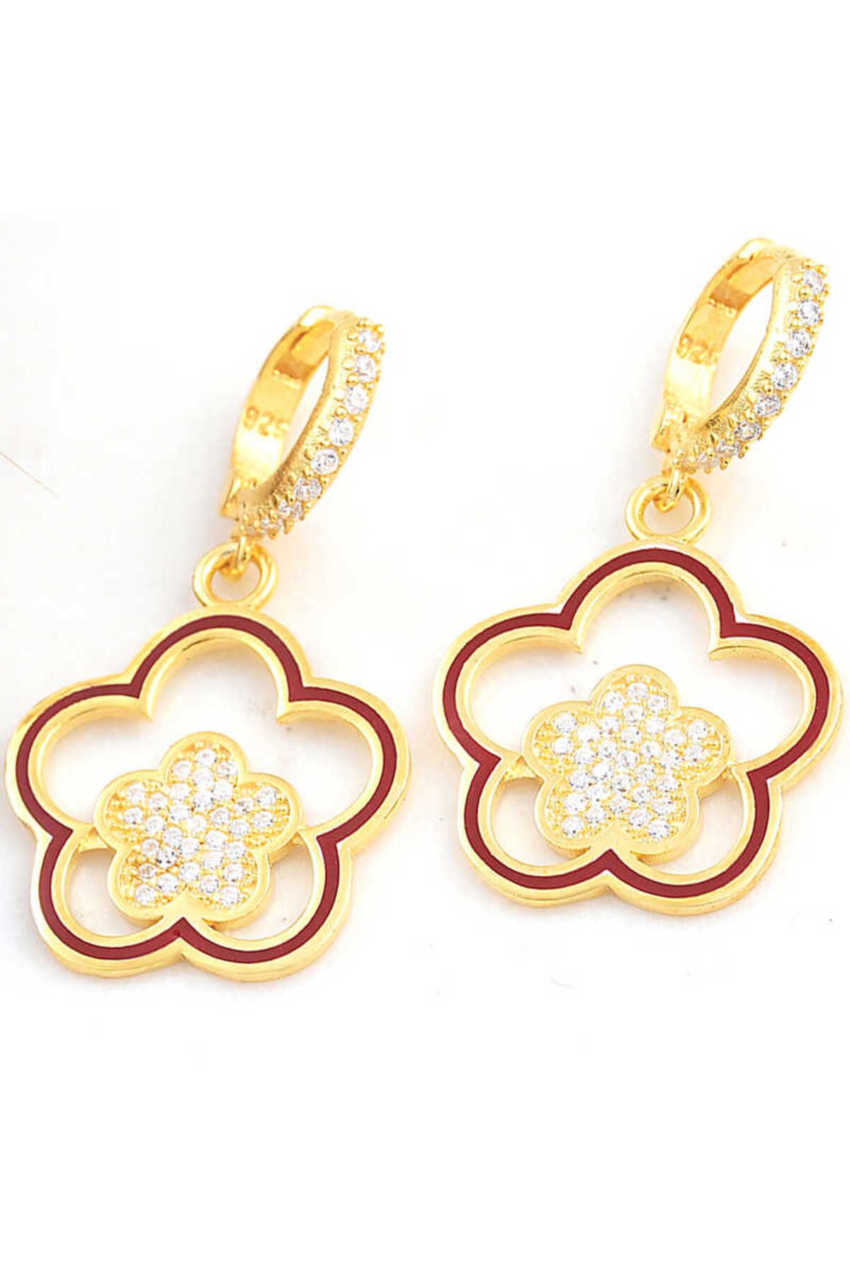 Huramarketing Gümüş Gold Sallantılı Çiçek Desenli Kadın Küpe