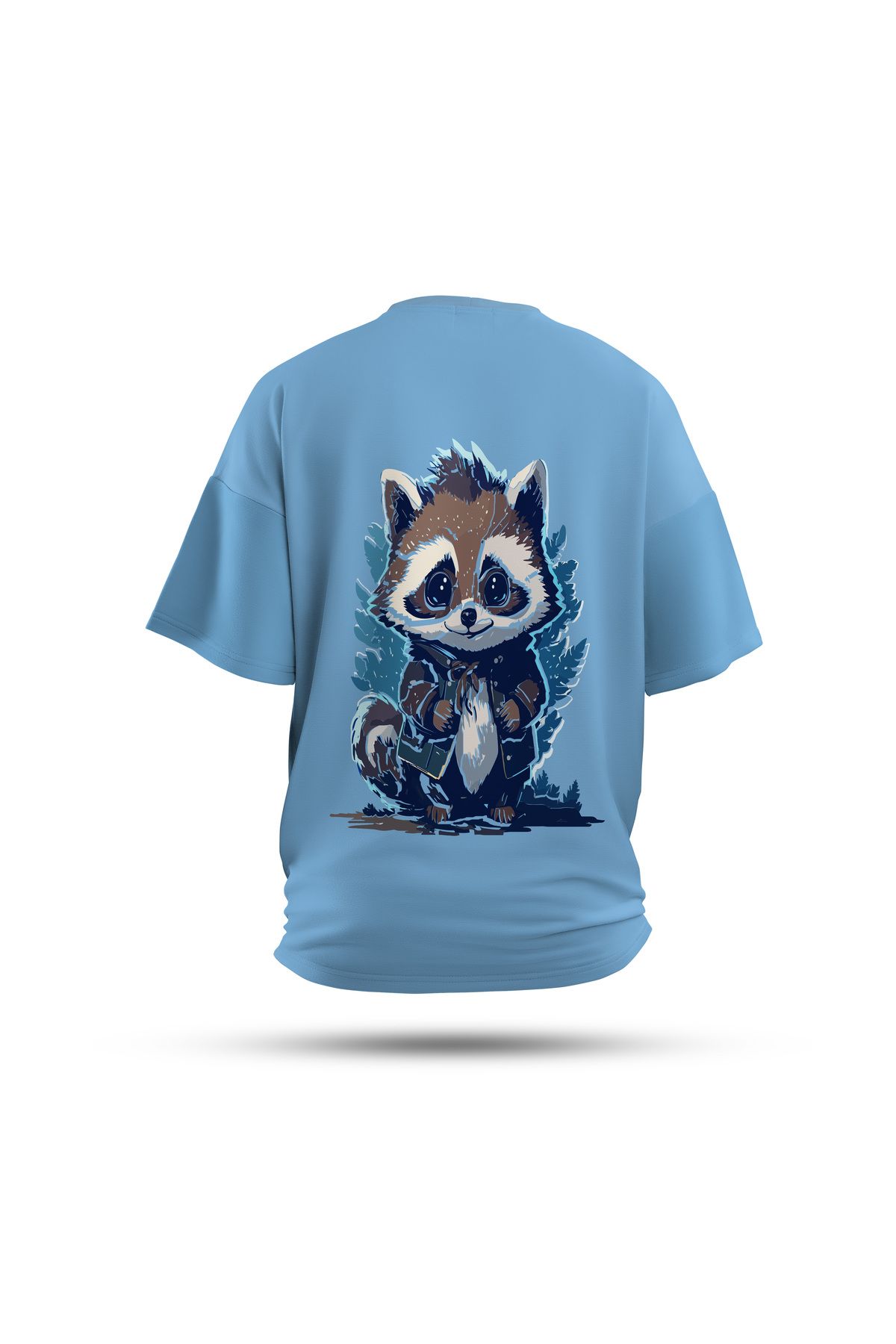 Zestia Unisex T-Shirt, Rakun Sırt Baskılı, Regular, %100 Pamuk, Mavi T-Shirt No: 0030