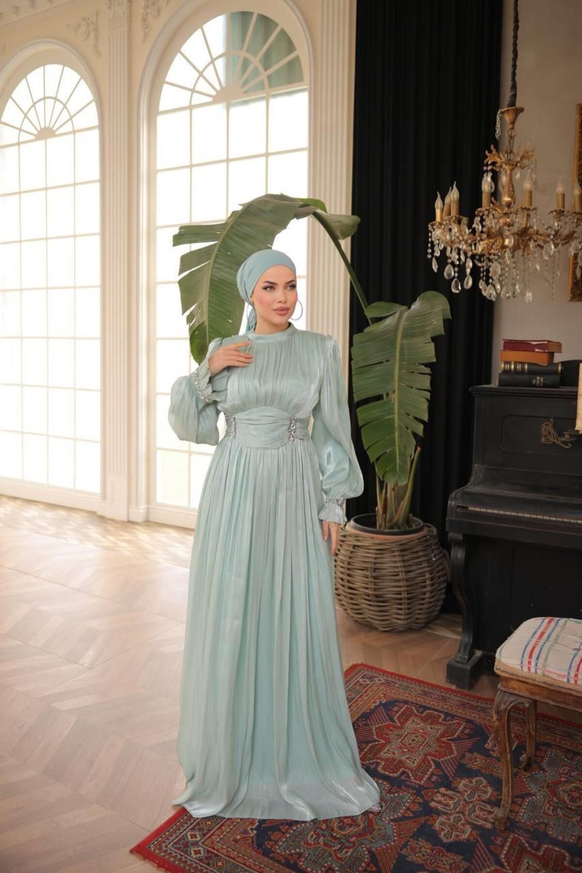 Moda Asrın Su Yeşili Kuşak Detaylı Abiye
