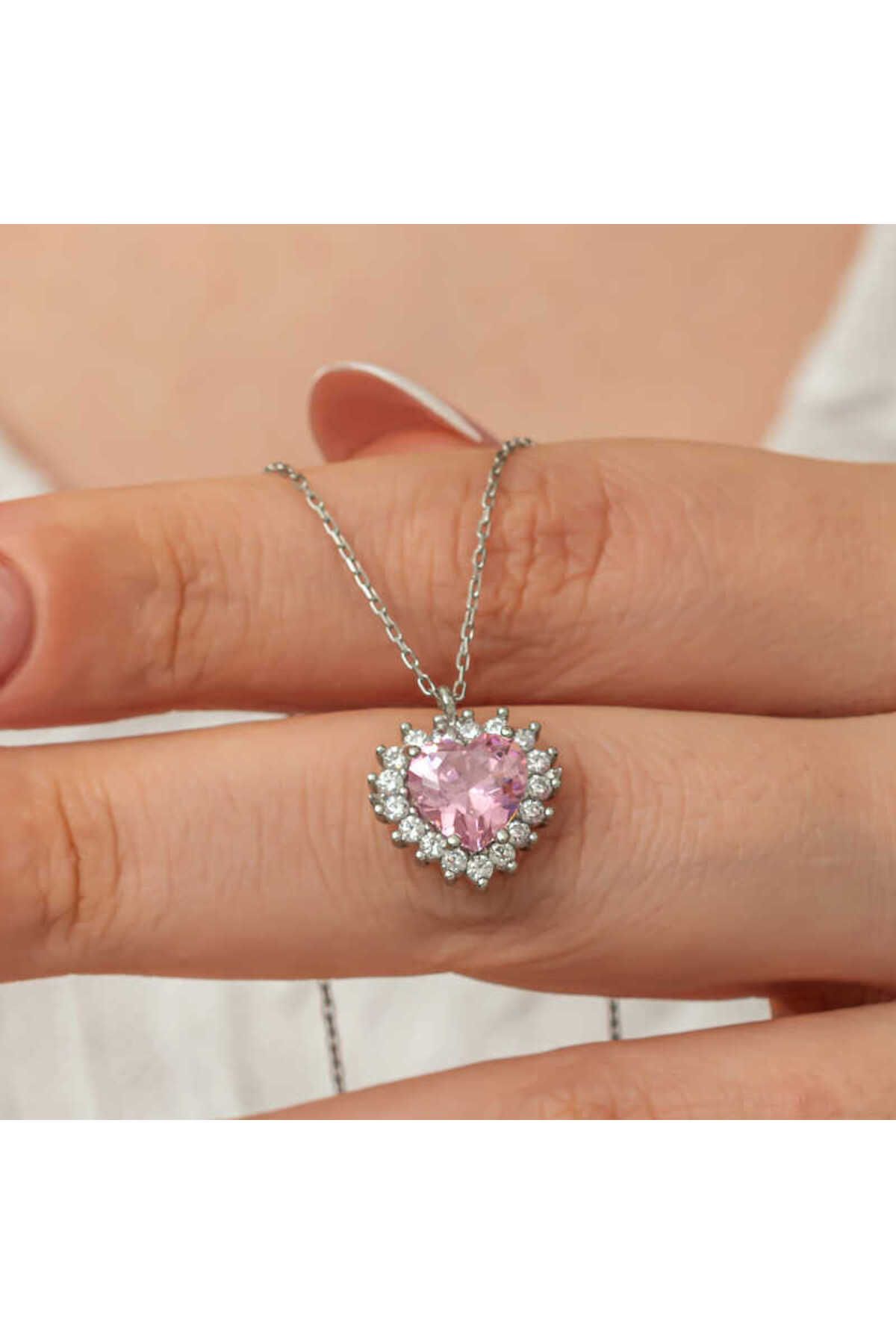 Huramarketing Gümüş Pembe Taşlı Kalp Kadın Kolye
