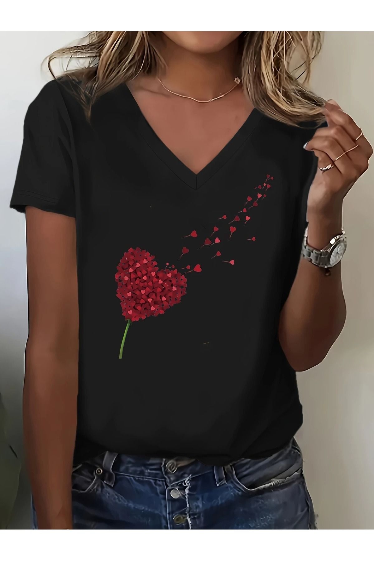 WOODROFFE Kadın Kalpten Çiçek Baskılı V yaka T-Shirt Baskılı Oversize Salaş