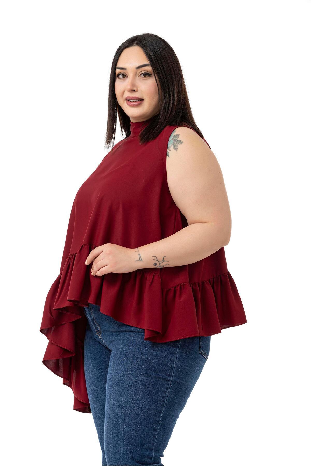 DISENTIS MODEST-Large Size Asymmetrical Cut Skirt Ruffled Half Standing Collar Burgundy Blouse 5