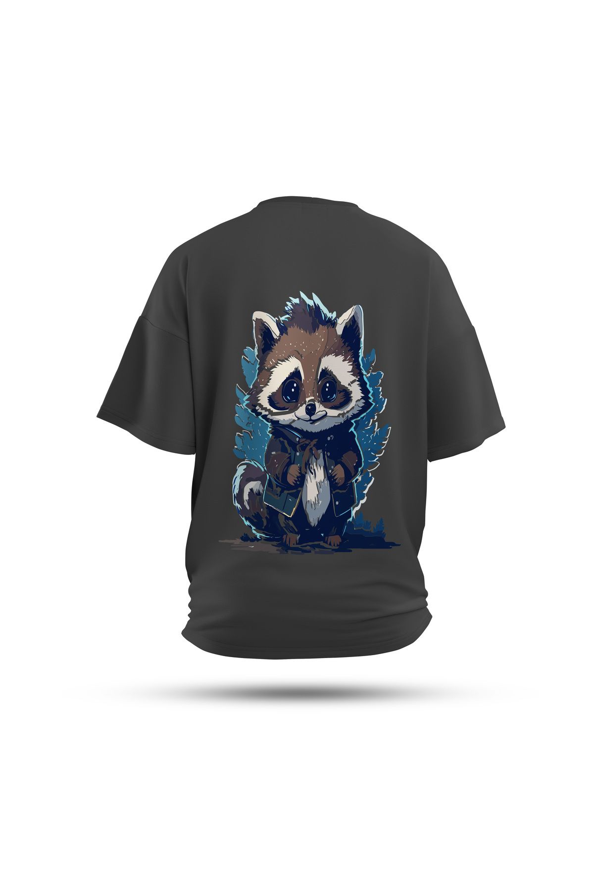Zestia Unisex T-Shirt, Rakun Sırt Baskılı, Regular, %100 Pamuk, Antrasit T-Shirt No: 0030