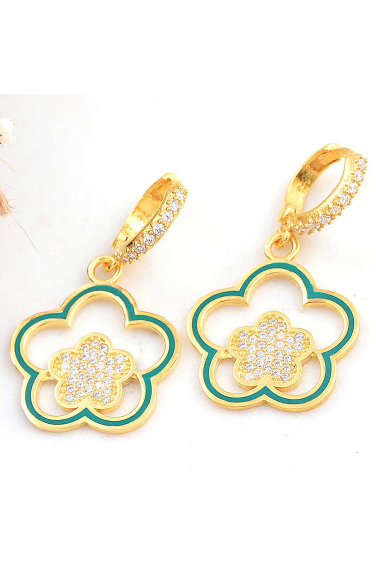 Huramarketing Gümüş Gold Sallantılı Çiçek Desenli Kadın Küpe