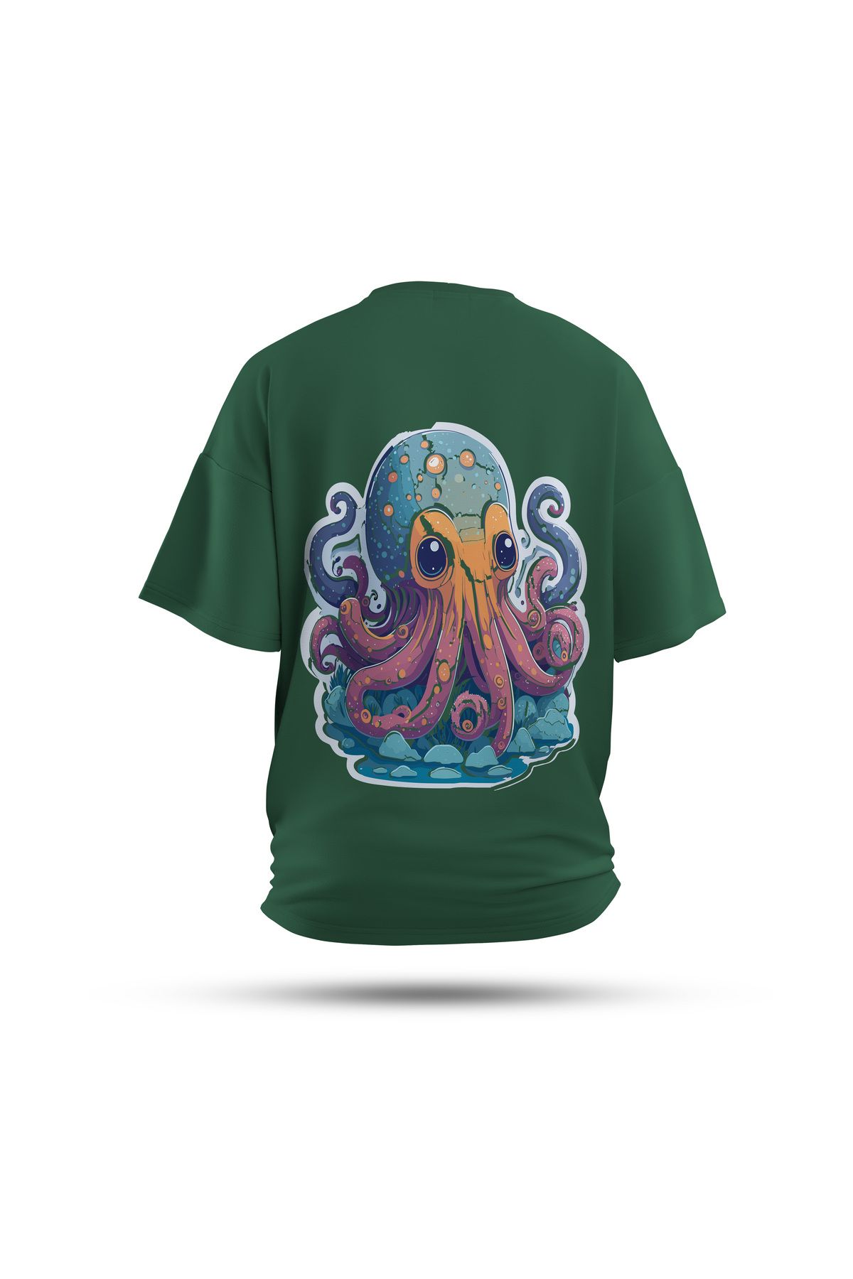 Zestia Unisex T-Shirt, Ahtapot Sırt Baskılı, Regular, %100 Pamuk, Yeşil T-Shirt No: 0042