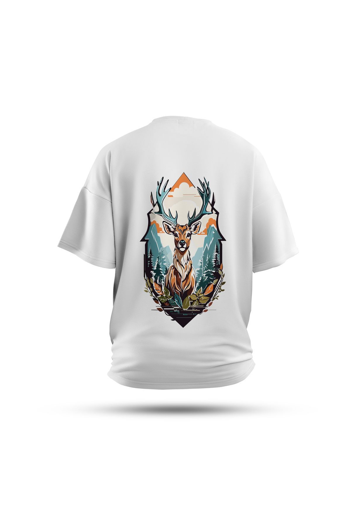 Zestia Unisex T-Shirt, Geyik Sırt Baskılı, Regular, %100 Pamuk, Beyaz T-Shirt No: 0025