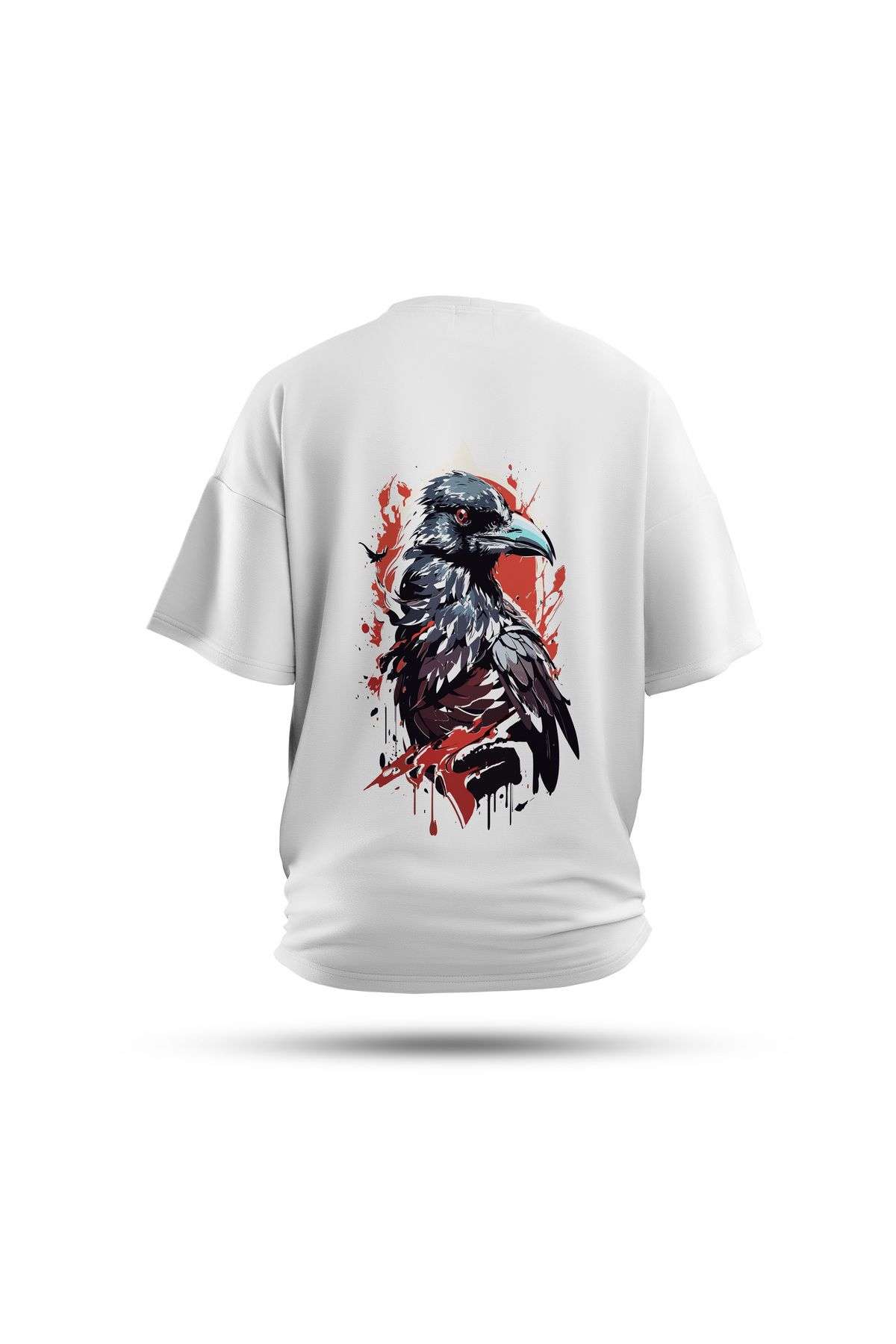 Zestia Unisex T-Shirt, Karga Sırt Baskılı, Regular, %100 Pamuk, Beyaz T-Shirt No: 0033