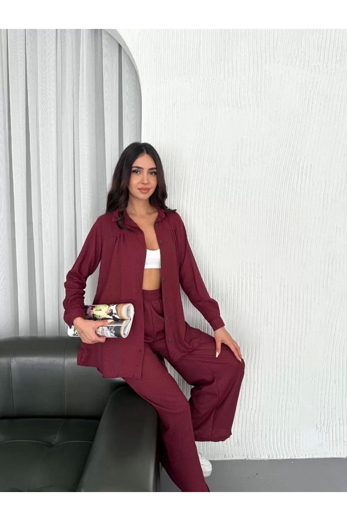 AE Stil Yakalı Düğmeli Uzun Kollu Gömlek Pantolon ikili Takım - Bordo