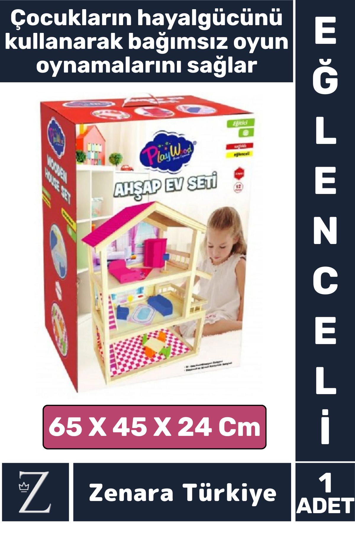 Zenara Premium Çocuk Hayal Dünyası Beceri Geliştirici El Yapımı Ahşap Eğlenceli Büyük 3 KATLI OYUN EVİ