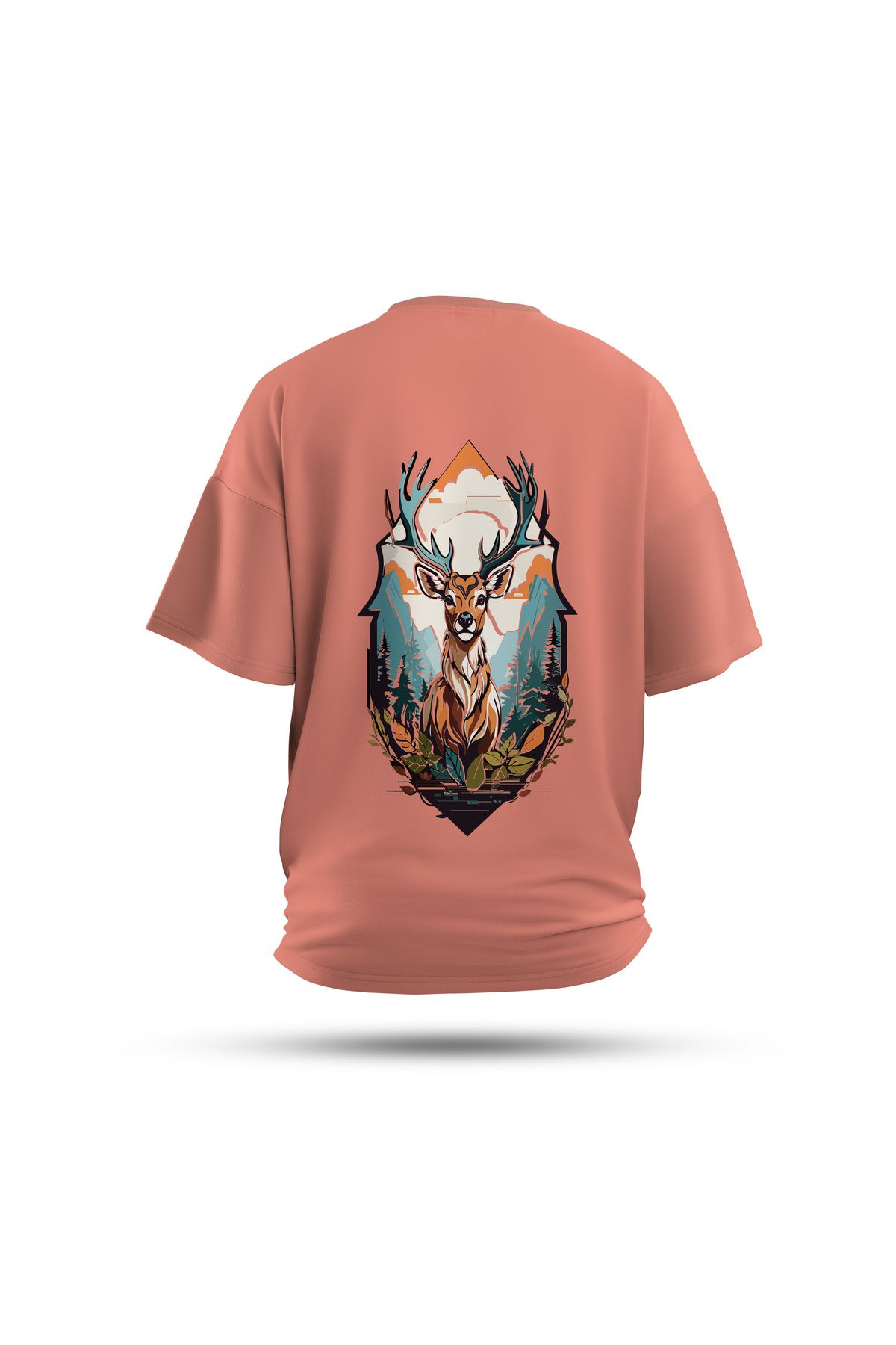 Zestia Unisex T-Shirt, Geyik Sırt Baskılı, Regular, %100 Pamuk, Somon T-Shirt No: 0025