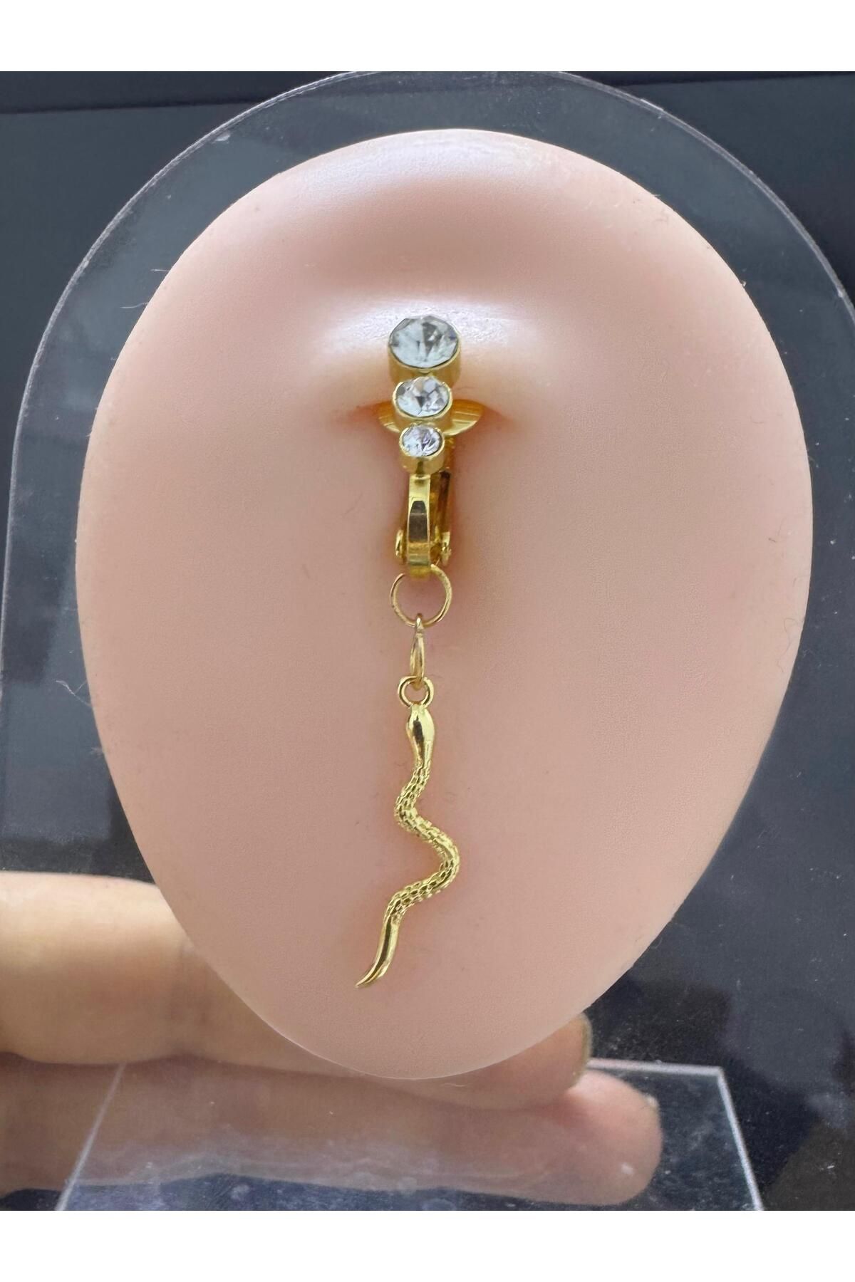 Arescollection DELİKSİZ ( DELİK GEREKTİRMEYEN )SIKIŞTIRMALI YILANLI SALLANTILI GÖBEK PİERCİNGİ