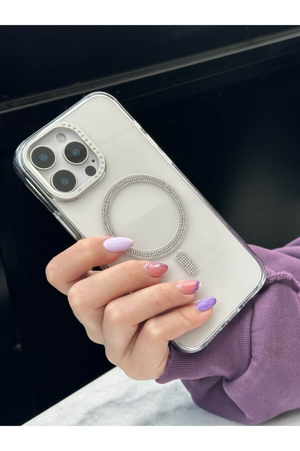 Paladyum Case iPhone 16 Pro Max Uyumlu Sararmaz Sert Mika MagSafe Pırlanta Taşlı Şeffaf Kılıf