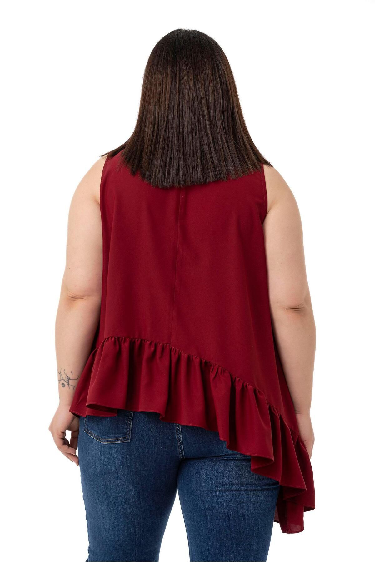 DISENTIS MODEST-Large Size Asymmetrical Cut Skirt Ruffled Half Standing Collar Burgundy Blouse 3