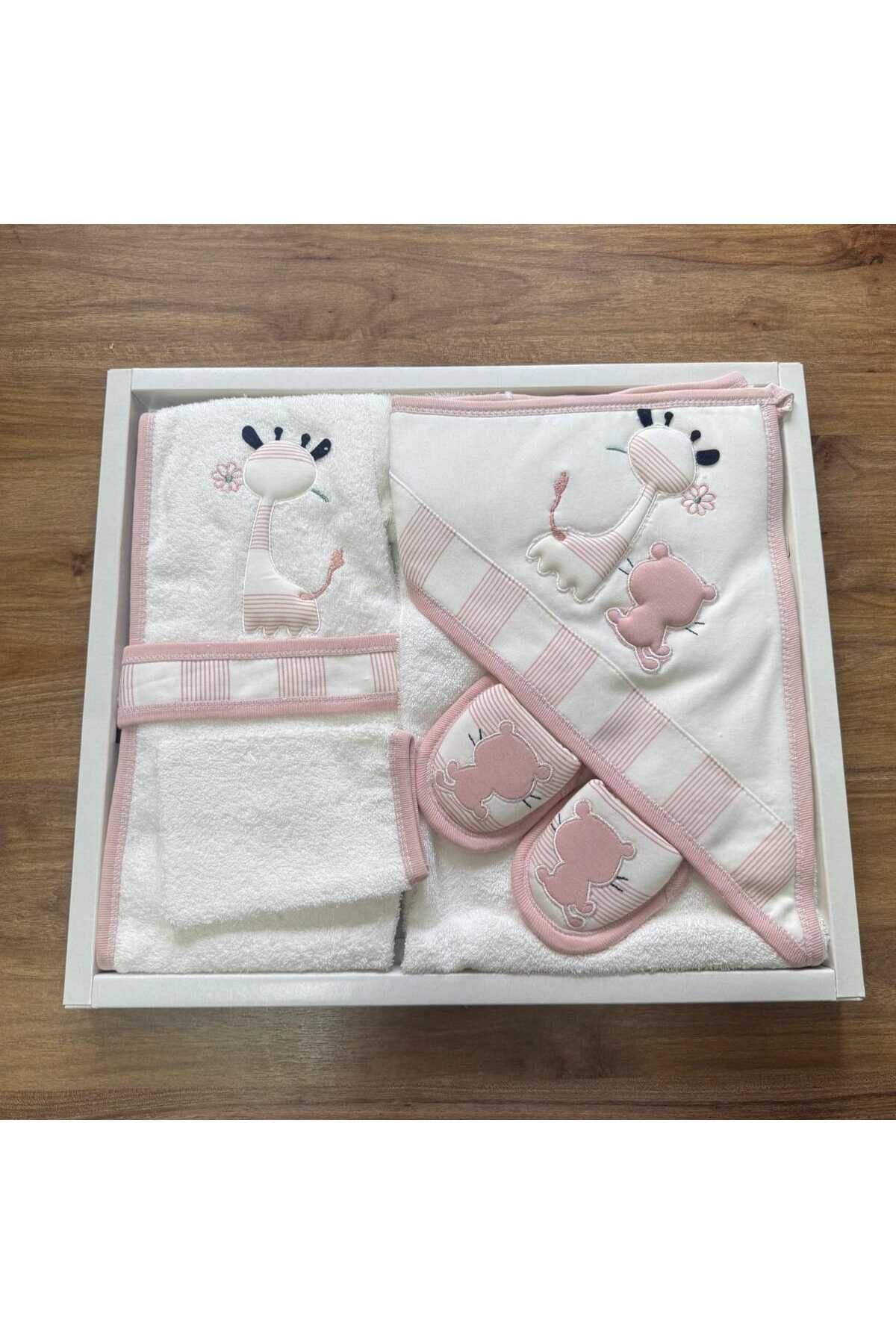 adeniko BEBEK BORNOZ TAKIMI %100 PAMUK ORGANİK 4'LÜ SET PEMBE