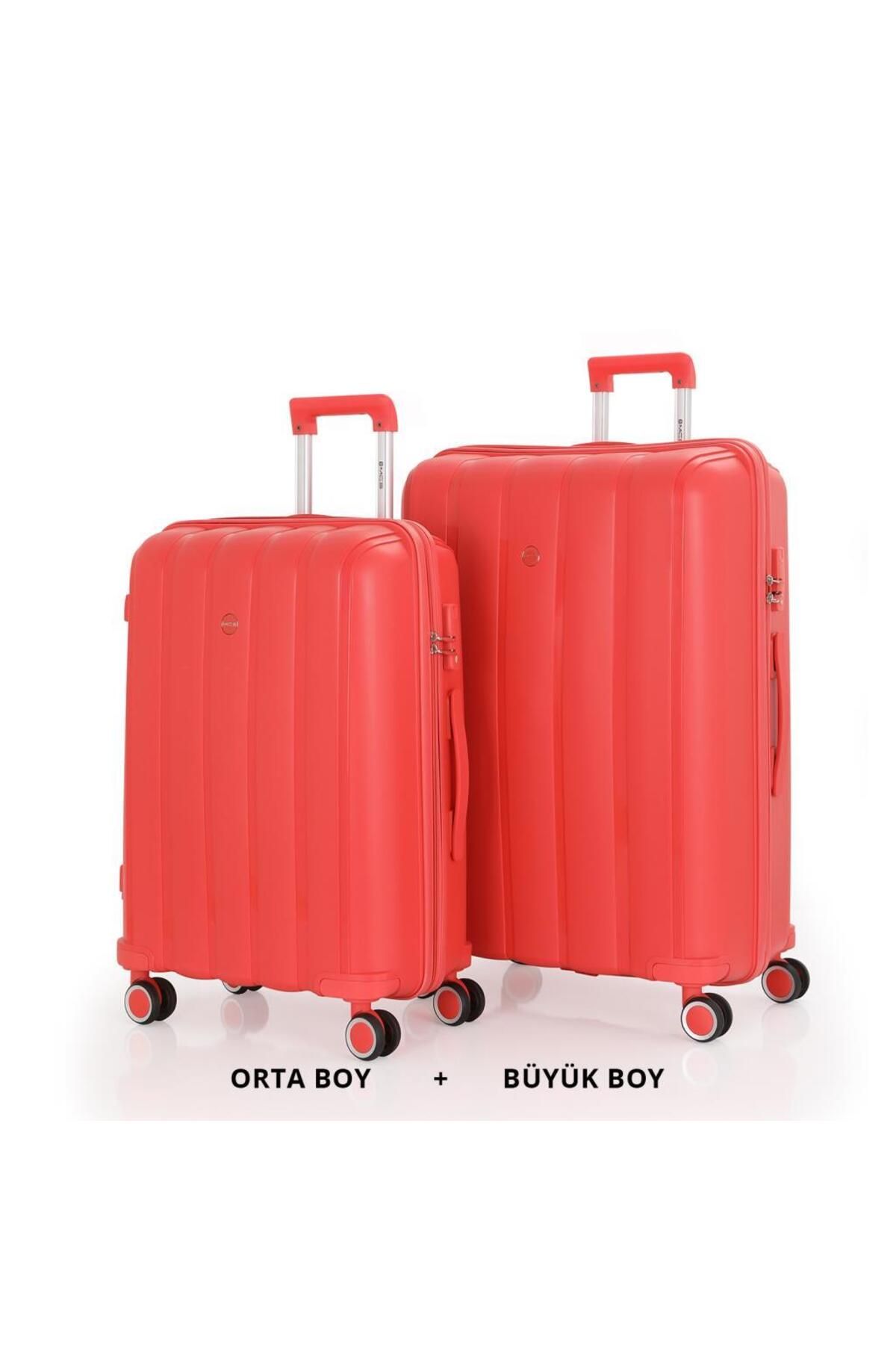 MÇS Bavul Büyük ve Orta 2li Set Kırılmaz Silikon Valiz V305 Mercan