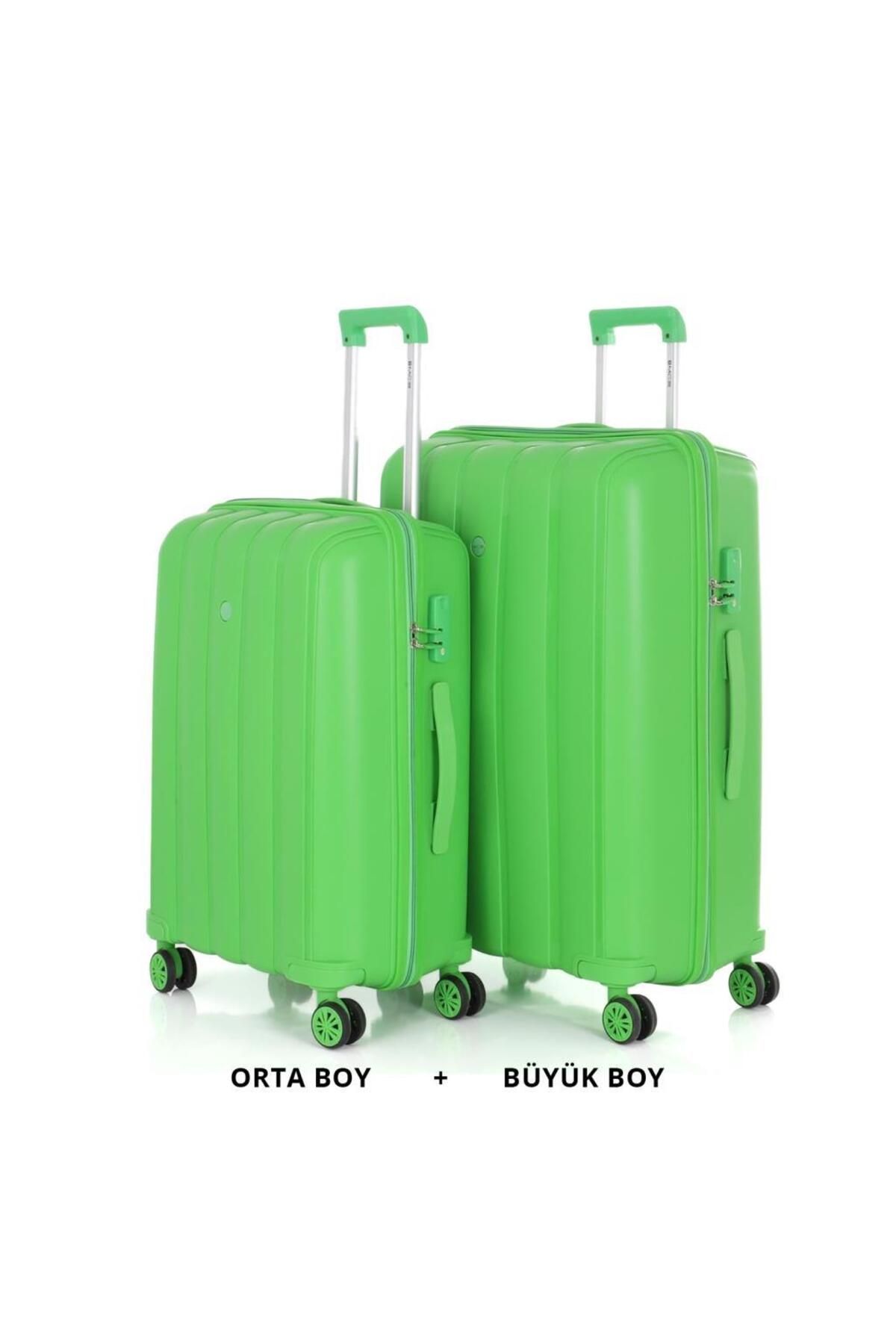 MÇS Bavul Büyük ve Orta 2li Set Kırılmaz Silikon Valiz V305 FıstıkYeşil
