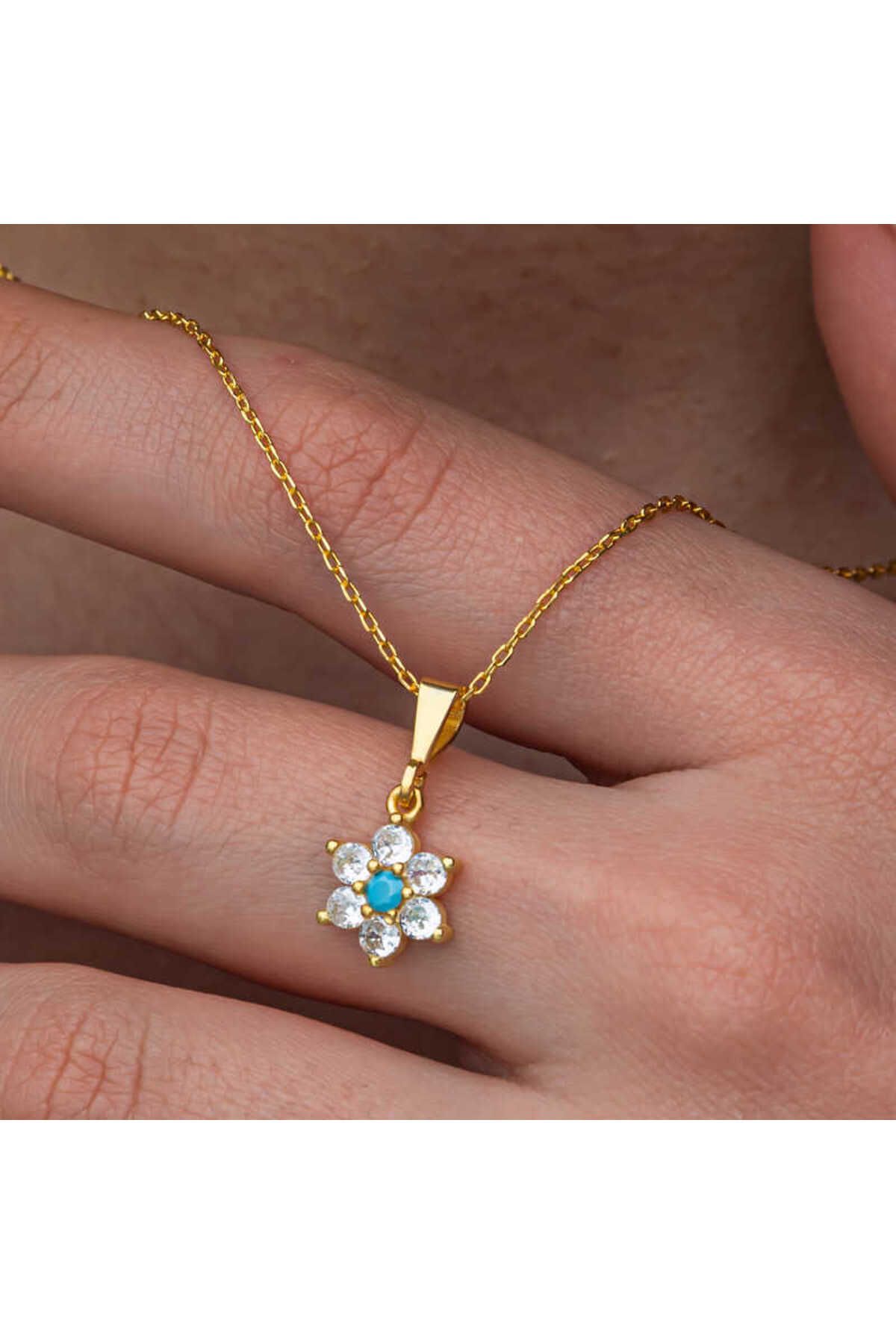 Huramarketing Gümüş Mavi Taşlı Gold Çiçek Kadın Kolye