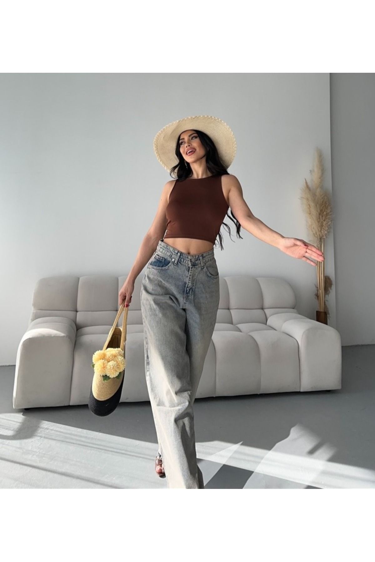 DESTEMODA Kadın Kot Baggy Bol Kesim Kar Kimyasal Yıkamalı Bıyıklı Pantolon Kahve Tint 4001