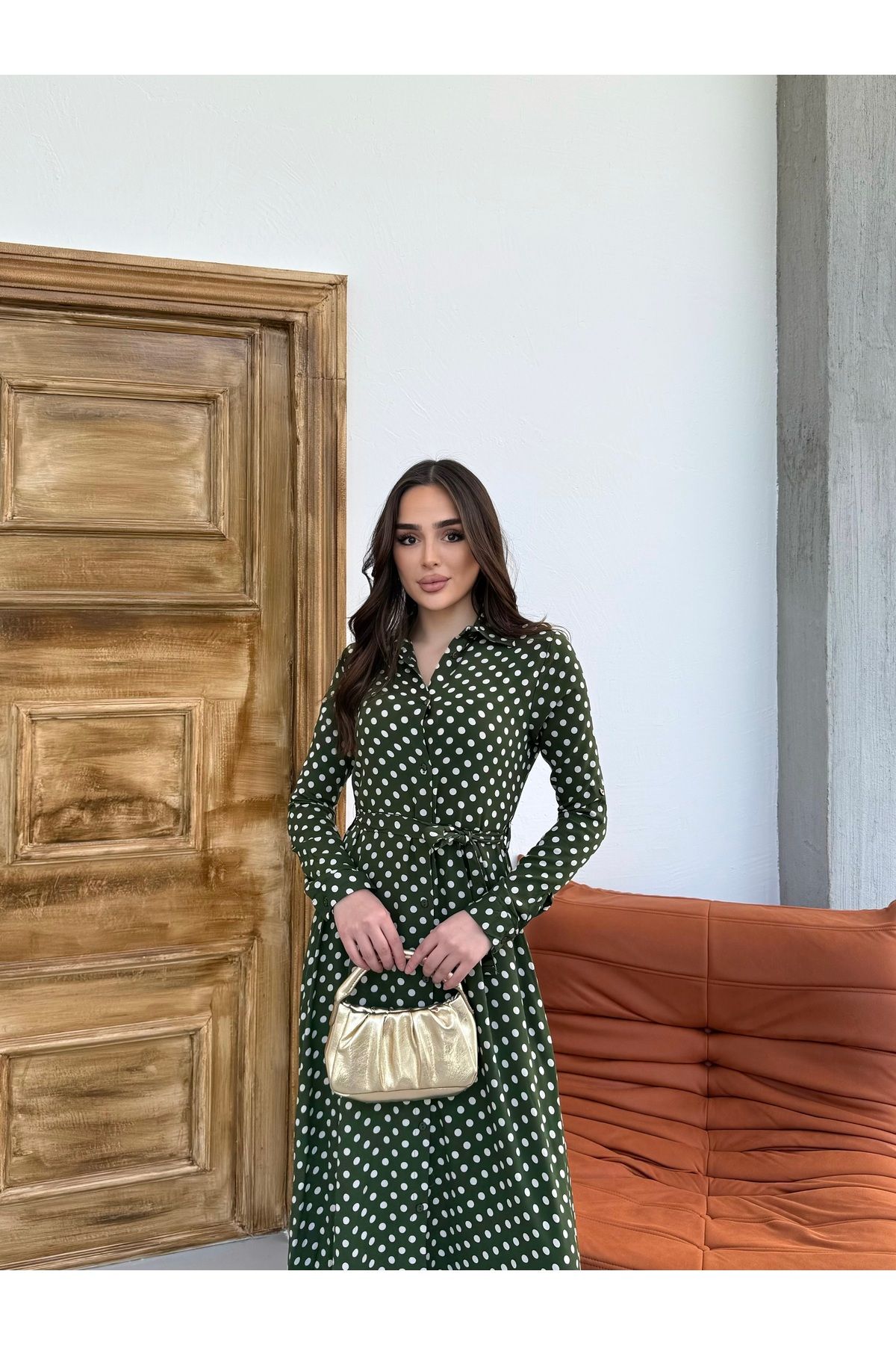 Anna Moda Haki Puantiyeli Gömlek Elbise