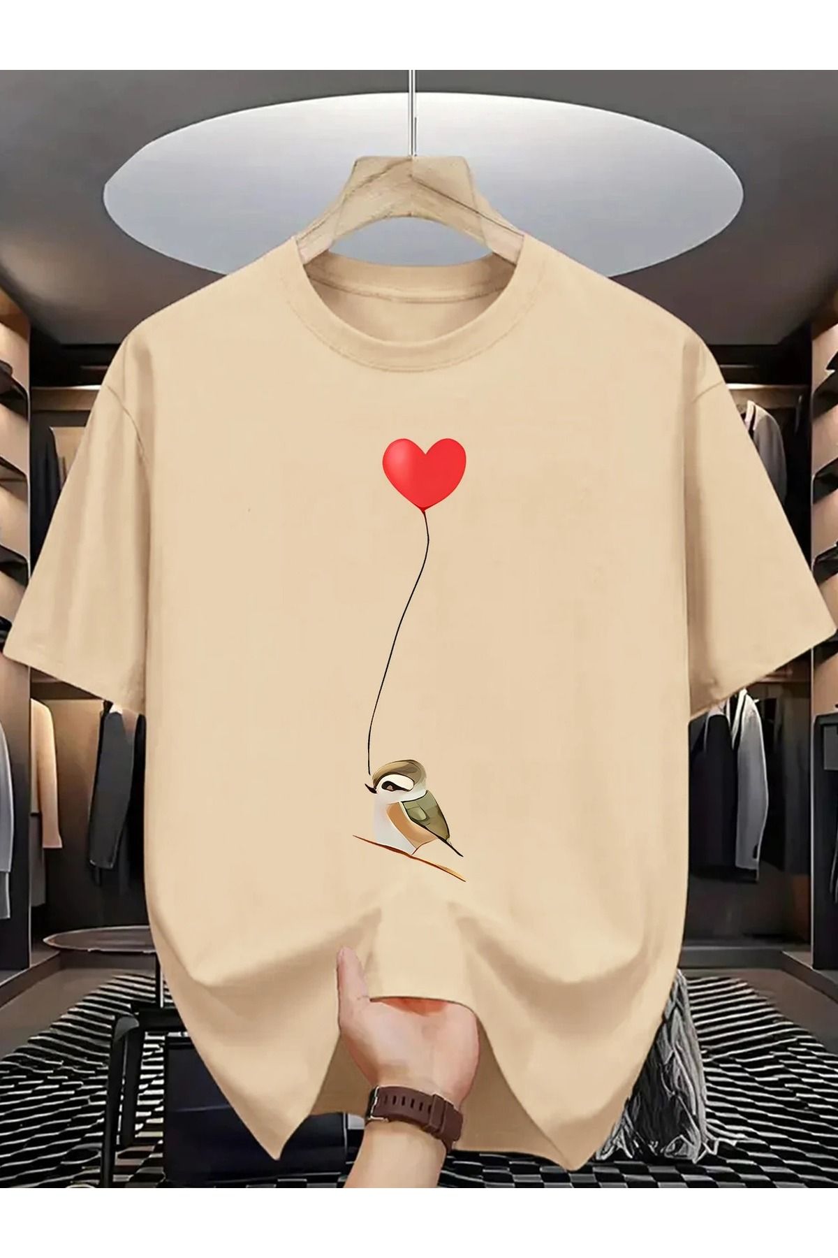 WOODROFFE Erkek Kuş Balon Grafikli Bisiklet Yaka T-shirt Oversize Salaş Boyfirend Siyah