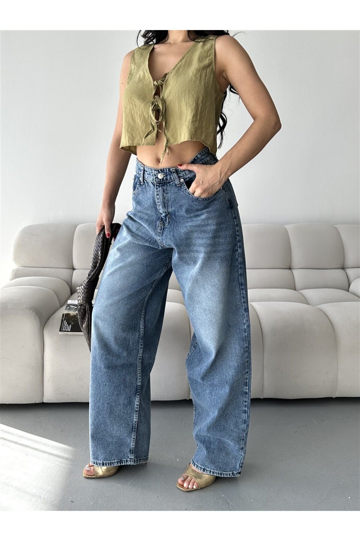 DESTEMODA Kadın Kot Baggy Bol Kesim Kar Kimyasal Yıkamalı Bıyıklı Pantolon Mavi 4001