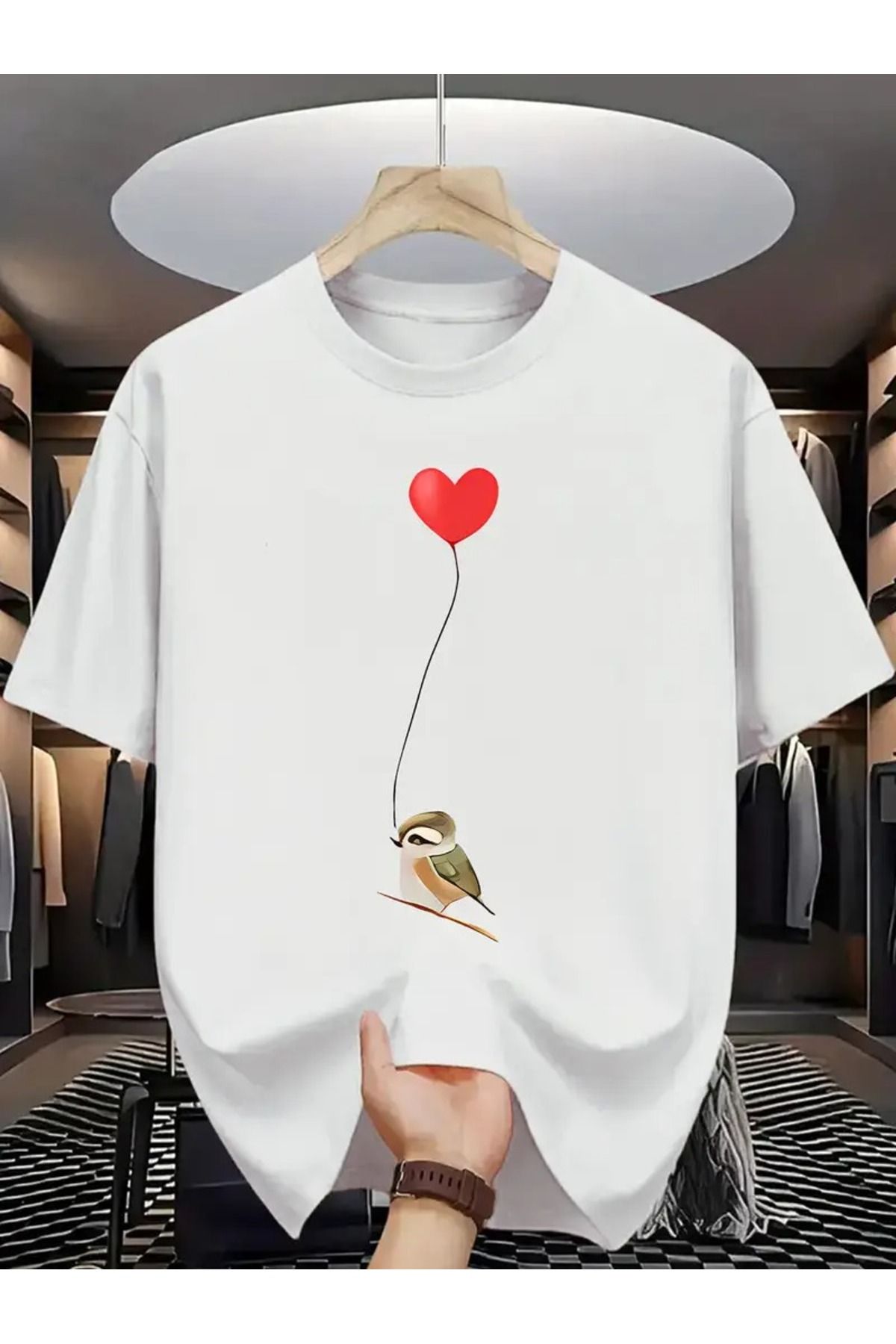 WOODROFFE Erkek Kuş Balon Grafikli Bisiklet Yaka T-shirt Oversize Salaş Boyfirend Siyah