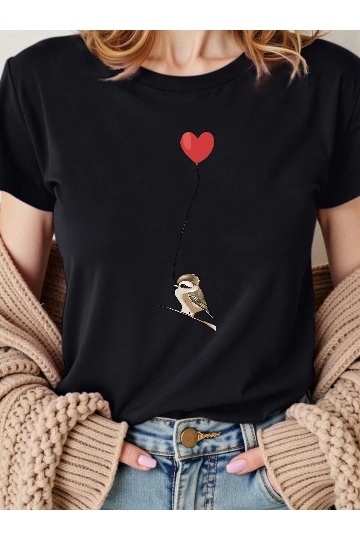 WOODROFFE Kadın Kuş Balon Grafikli Bisiklet Yaka T-shirt Oversize Salaş Boyfirend Siyah