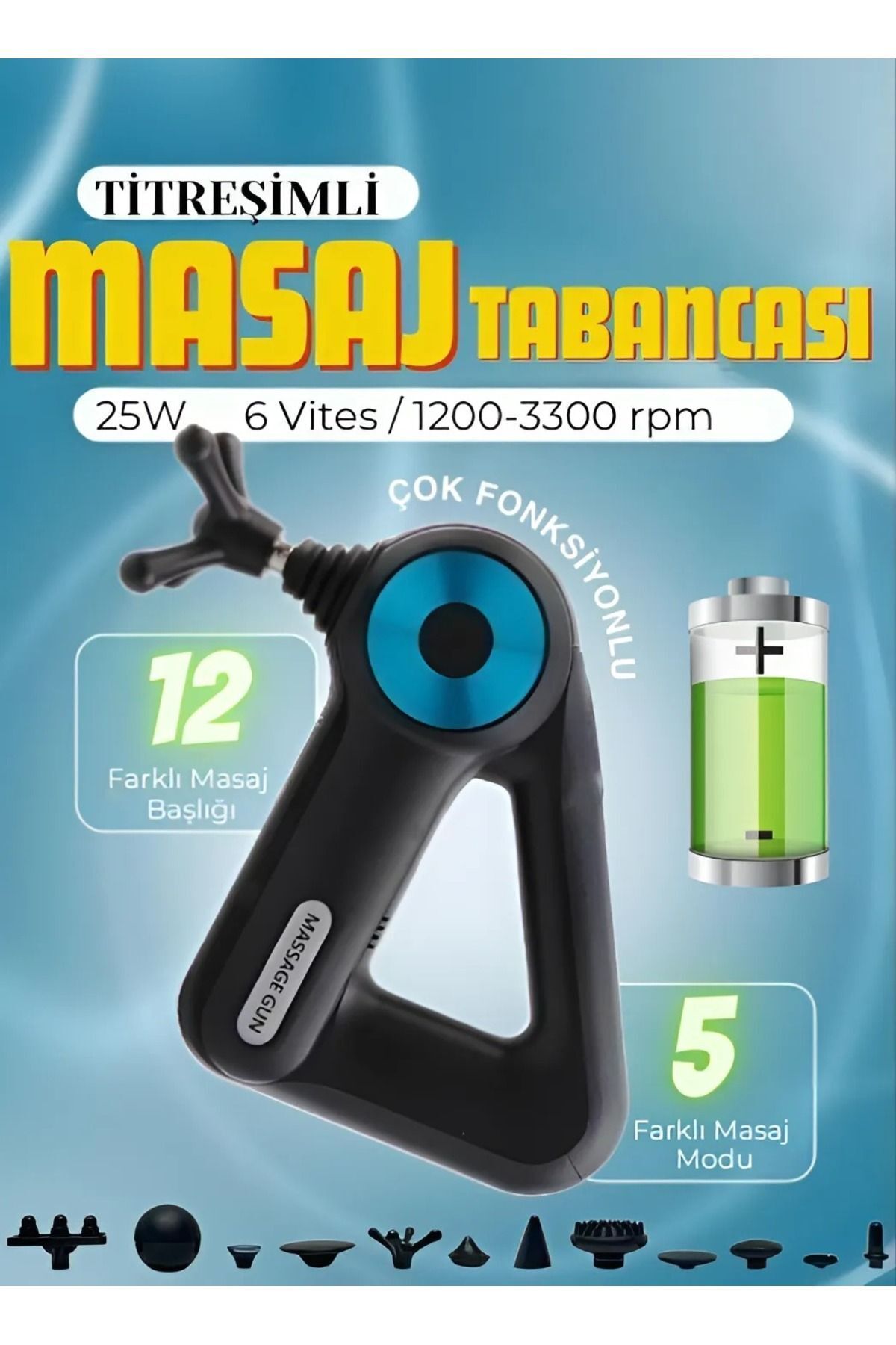 Fırsat7 12 Masaj Başlıklı Tabanca Ergonomik Tasarım Kolay Kullanım Kablosuz Masaj Tabancası Kas Geliştirici