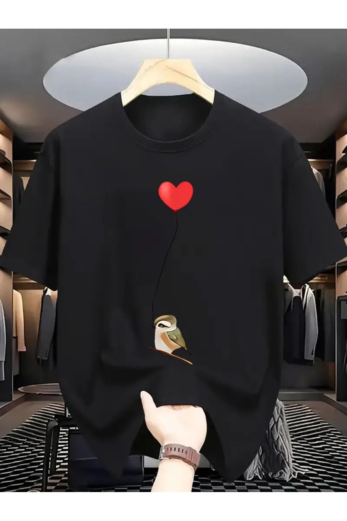 WOODROFFE Erkek Kuş Balon Grafikli Bisiklet Yaka T-shirt Oversize Salaş Boyfirend Siyah