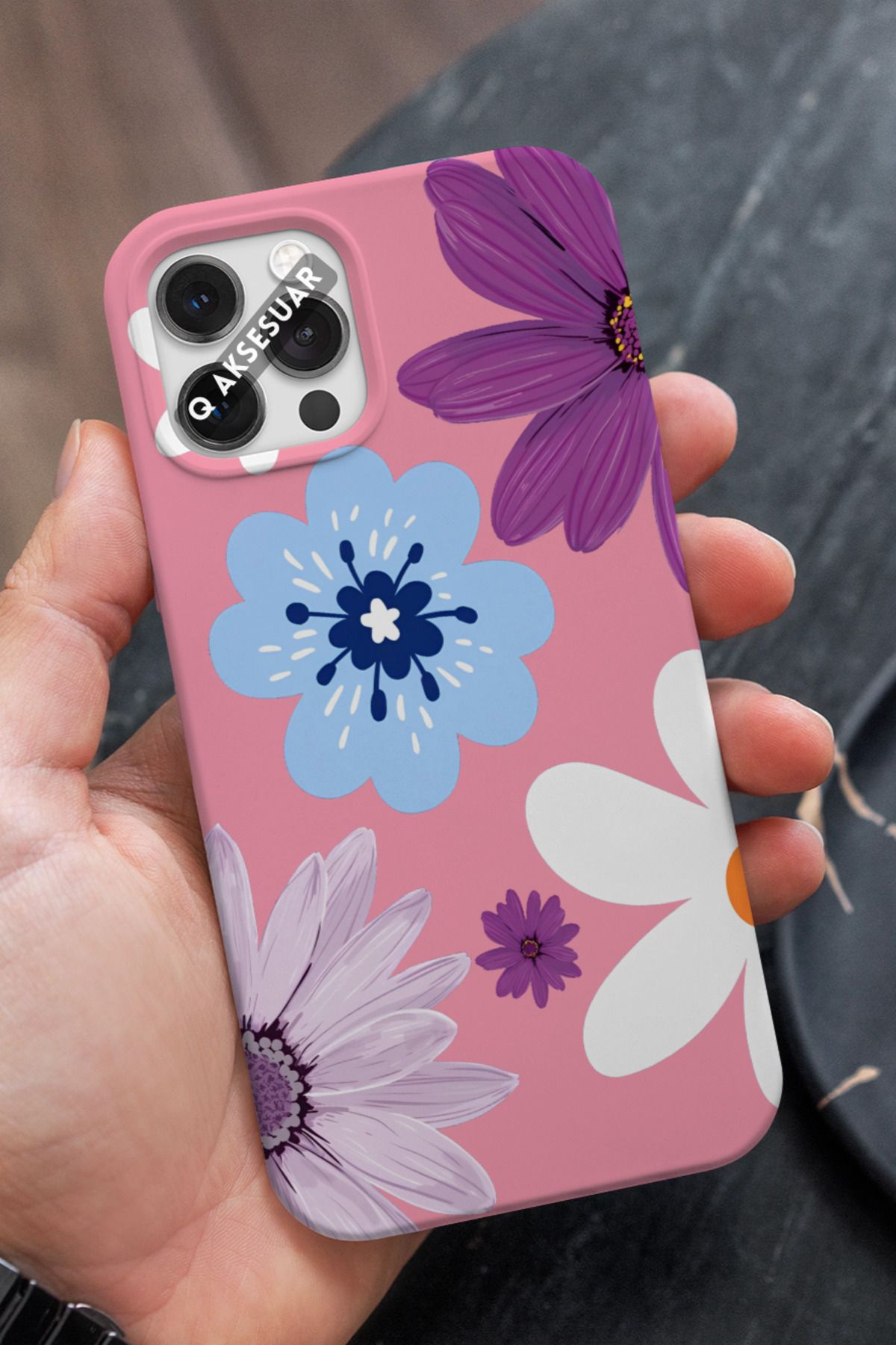 Q Aksesuar İphone 13 Pro Max Uyumlu Renkli Çiçek Tasarımlı Şeker Pembe Premium Telefon Kılıfı