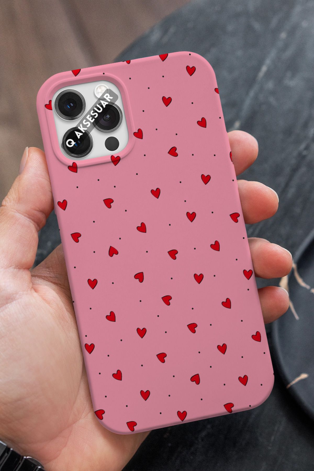 Q Aksesuar İphone SE 3 (2022) Uyumlu Mini Kalpler Tasarımlı Şeker Pembe Premium Telefon Kılıfı