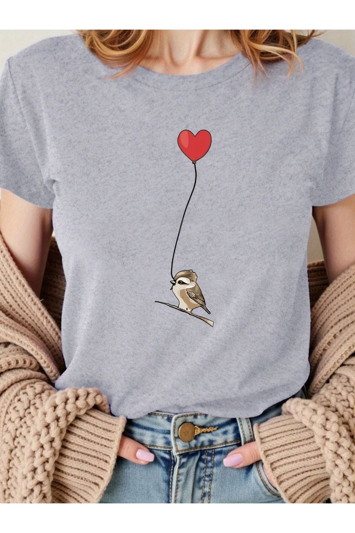 WOODROFFE Kadın Kuş Balon Grafikli Bisiklet Yaka T-shirt Oversize Salaş Boyfirend Siyah