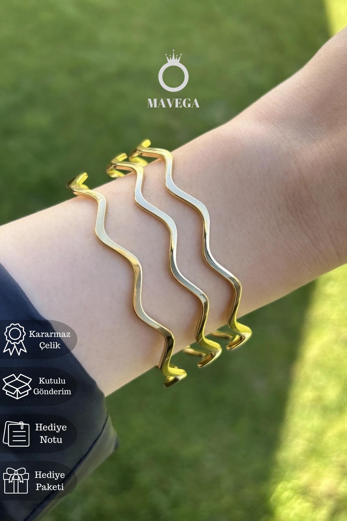 MAVEGA Yüksek Kalite Paslanmaz Kararmaz Çelik Üçlü Zikzak Ajda Kadın Bilezik | Altın Renk, 6.8 - 21,5 Cm
