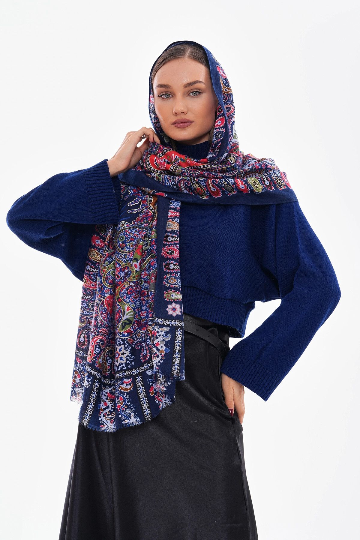 bacc Lacivert Patchwork Desenli Fransa Kumaşı Varaklı Şal BCNSV-2515176