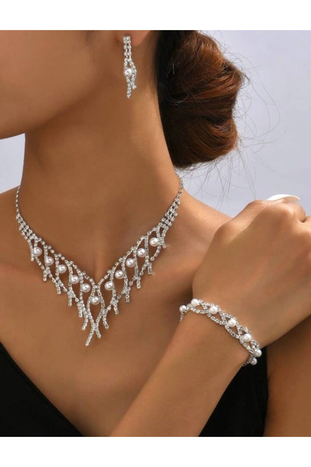 Ümaks Silvers İnci Detaylı Kristal Taşlı Gelin Takı Seti Nişan Takı Seti Düğün Takı Seti