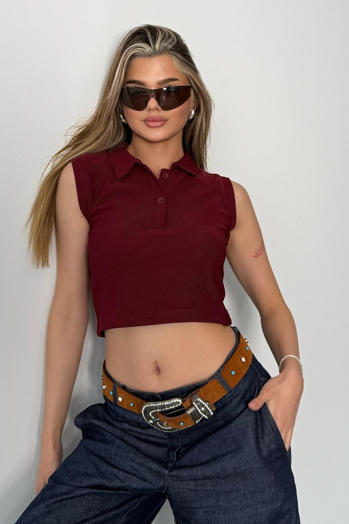 Yazlık Ottoman Kumaş Polo Yaka Düğmeli Bordo Bluz