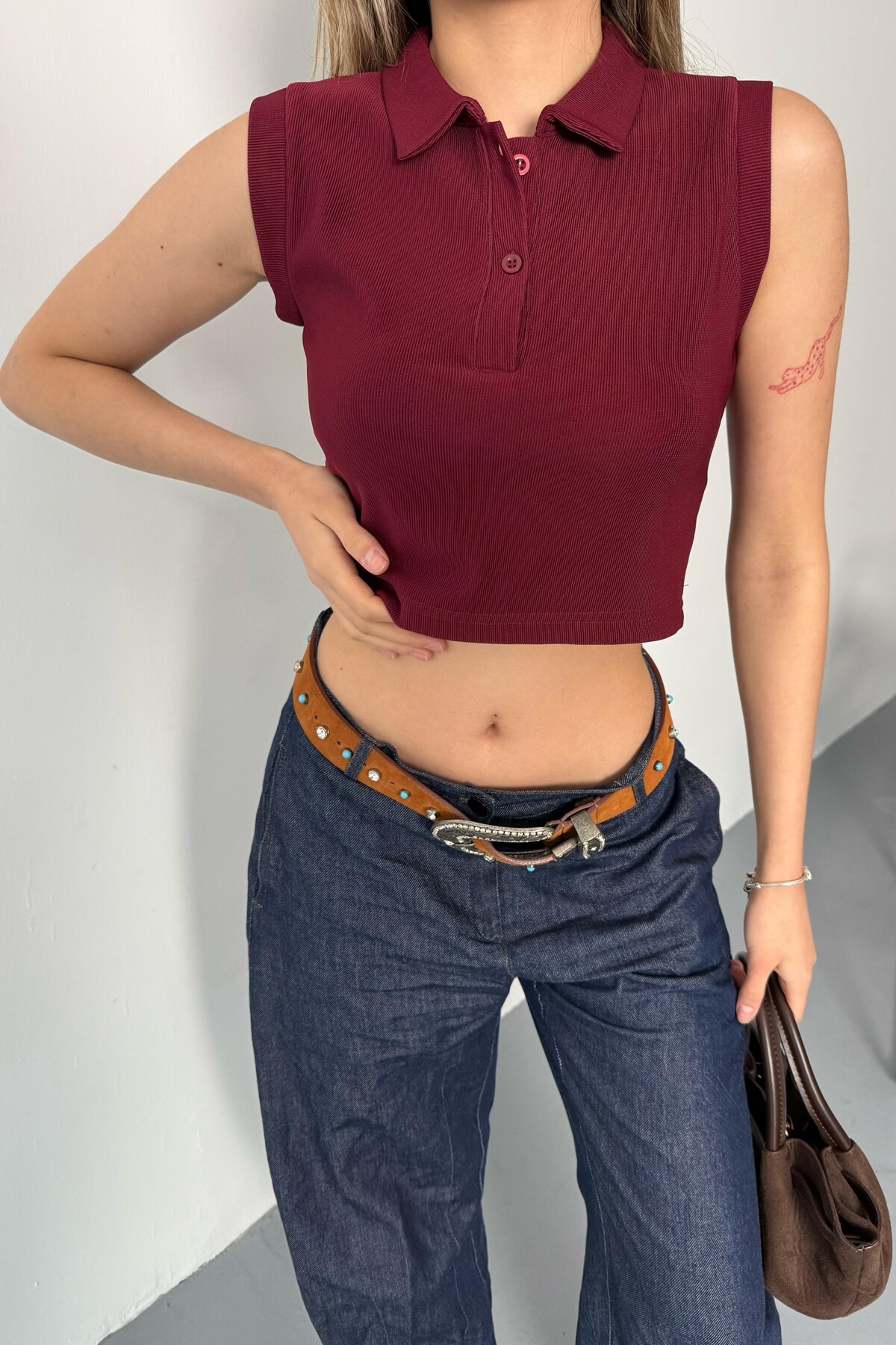 Yazlık Ottoman Kumaş Polo Yaka Düğmeli Bordo Bluz