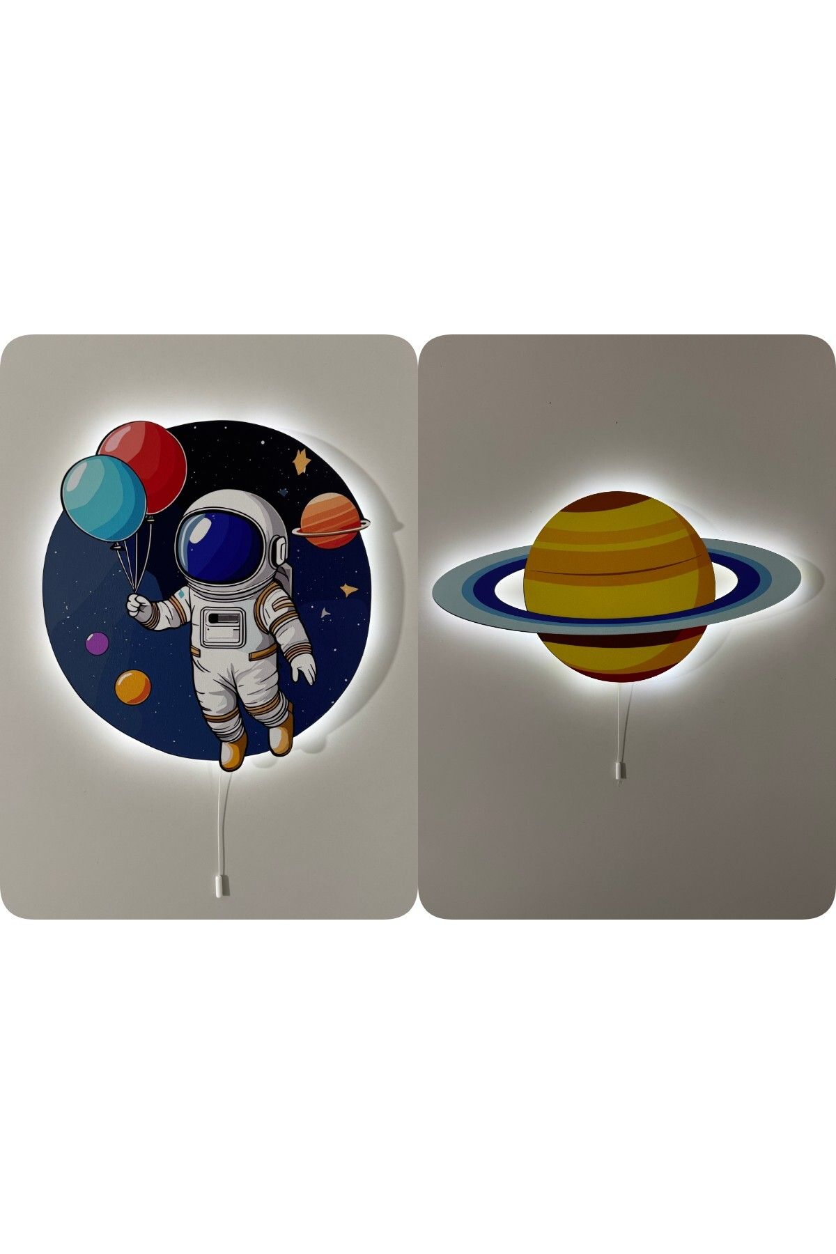 UViolets Dekoratif Ahşap Baskılı Balonlu Astronot ve Uzay Temalı Çocuk Odası Gece Lambası (2'Lİ ÜRÜN)