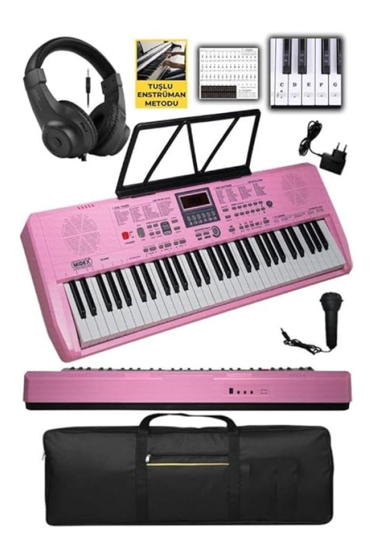ShopZum Ps-1800Pk-H 61 Tuşlu Kaliteli Pembe Org Dijital Ekranlı Kulaklık Çanta Notalık Adaptör Sticker Meto