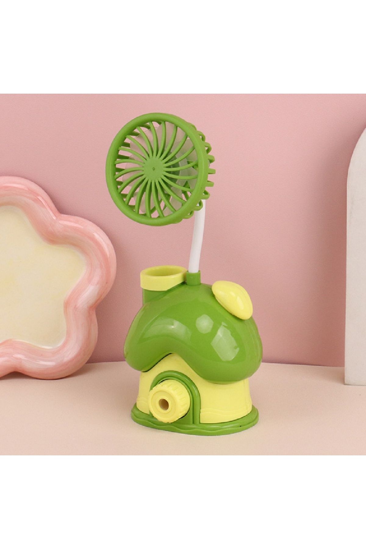 Livava Mini Ev Masaüstü Fan, Kalemlik ve Kalemtıraş, Işıklı ve Usb li, Yeşil, 22x10