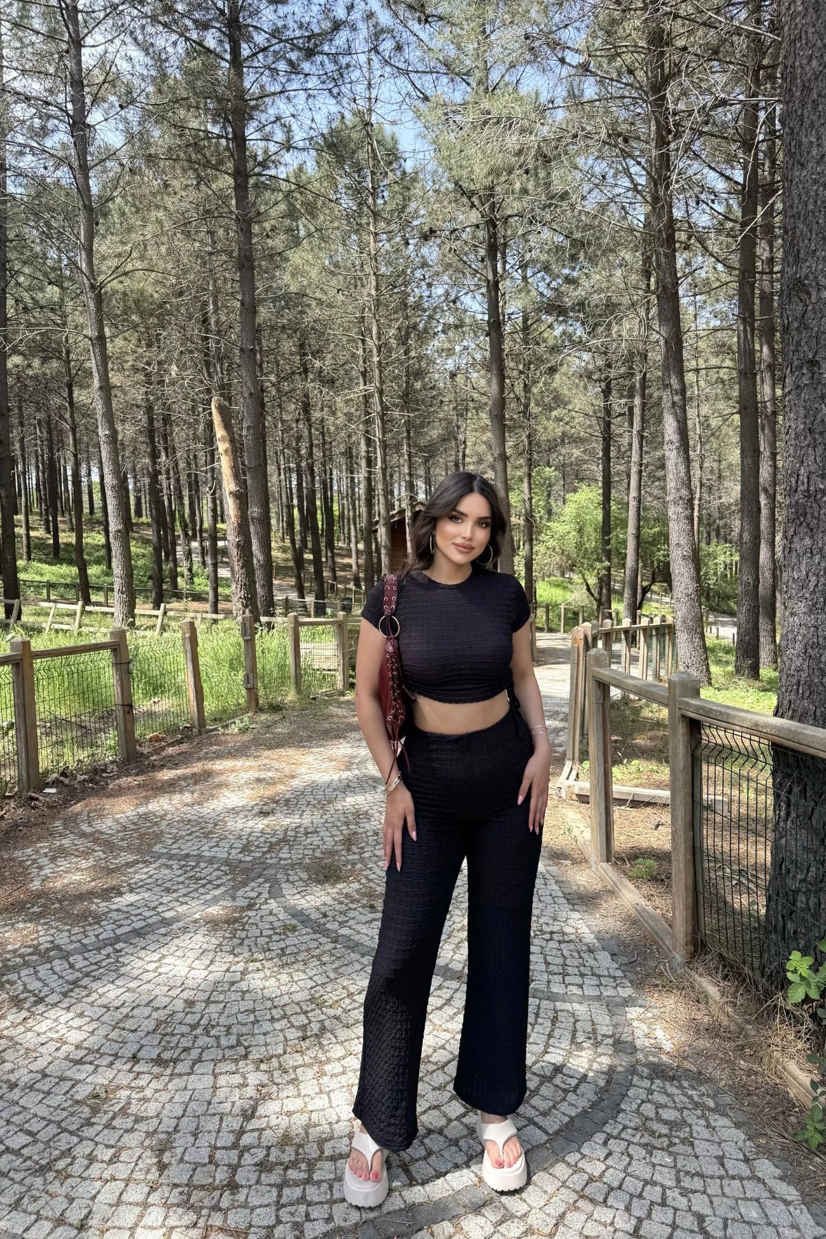 MOZENA Bisiklet Yaka Kısa Kol Yanları Büzgülü Gofre 2'li Takım