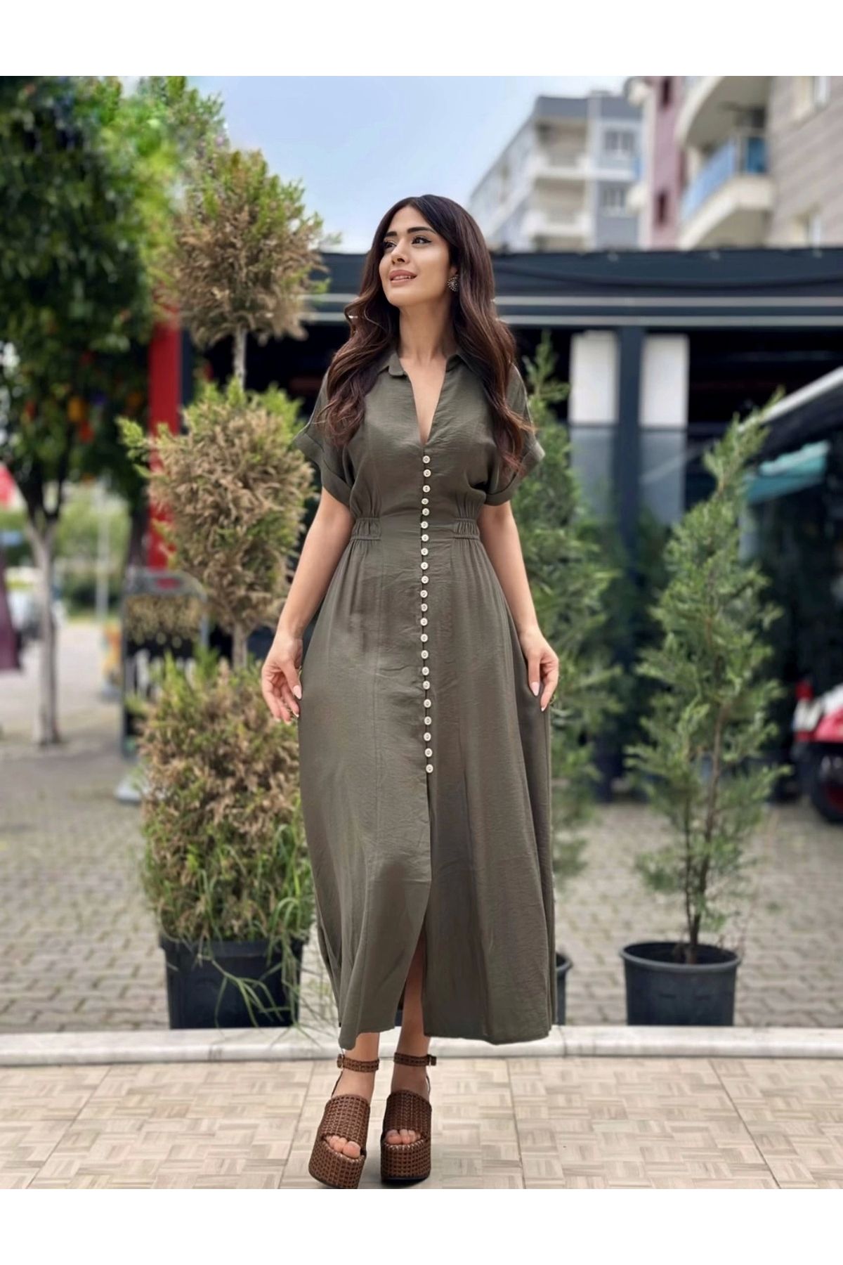 Style HAKİ ÖNÜ DÜĞME DETAY ELBİSE