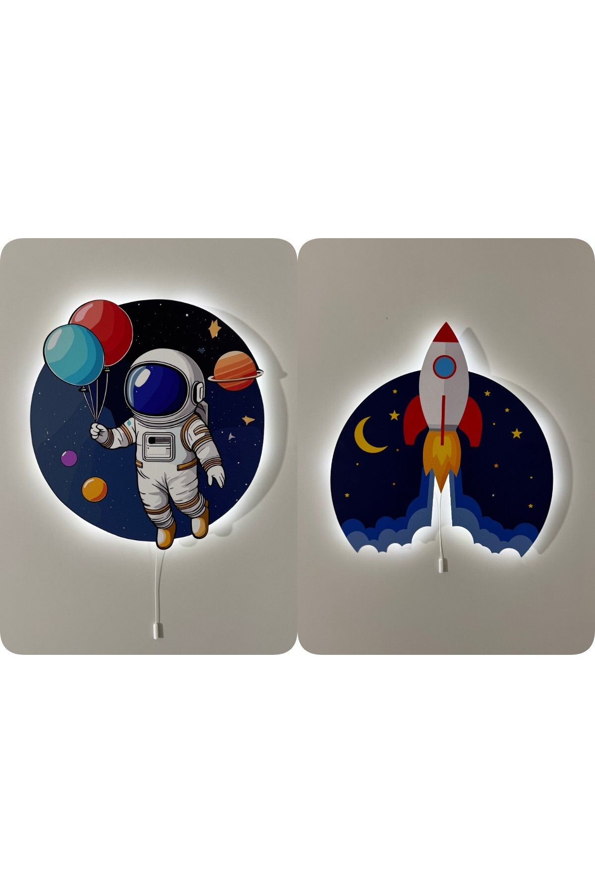 UViolets Dekoratif Ahşap Baskılı Balonlu Astronot ve Uzay Temalı Çocuk Odası Gece Lambası (2'Lİ ÜRÜN)